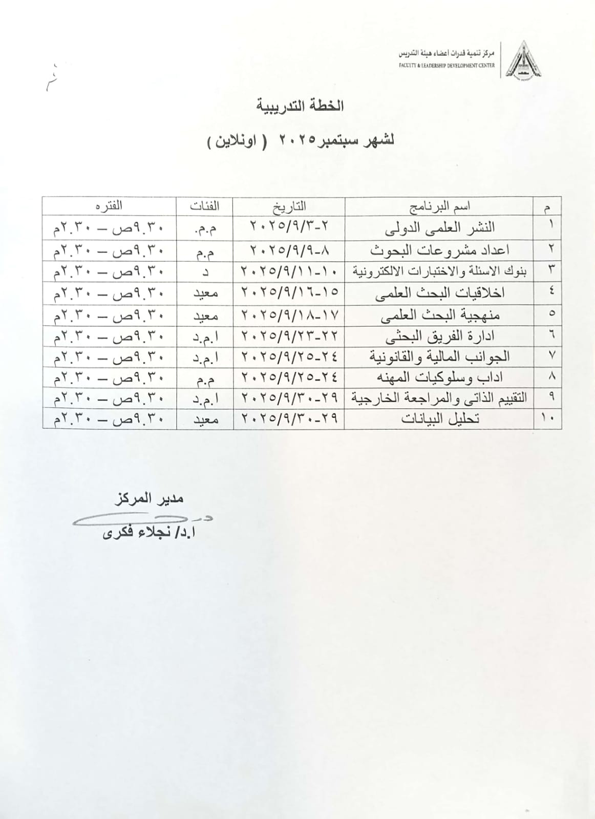 الخطة التدريبية لشهر سبتمبر 2025